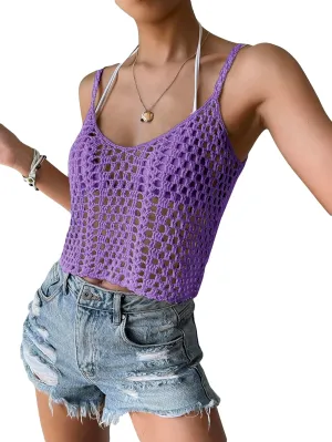 SHENHE Women's Hollow Out Crochet Scoop Neck Sleeveless Cami Top Bikini Cover Ups