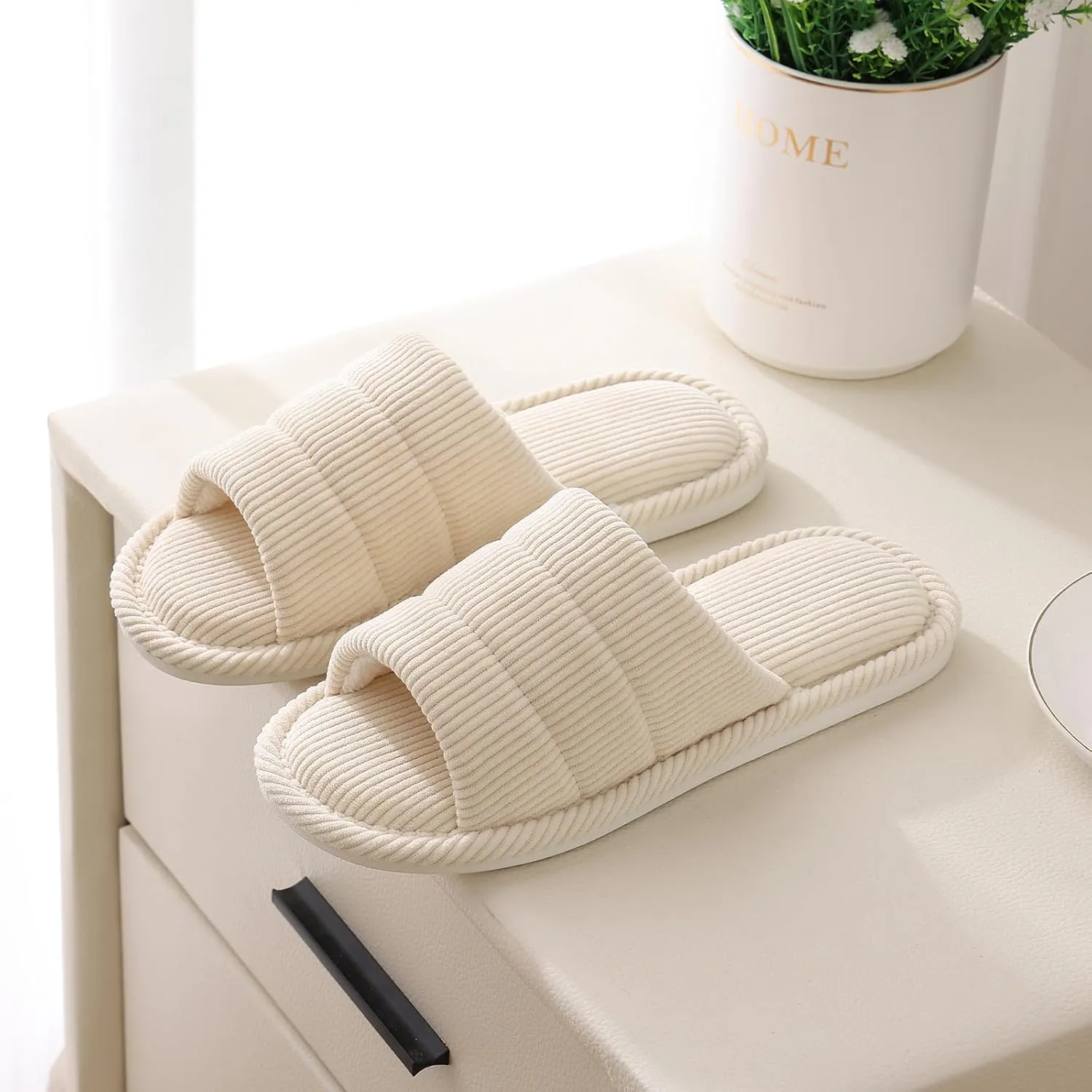 shevalues Terry Cloth Open Toe Slippers for Women Memory Foam Slip On House Slippers