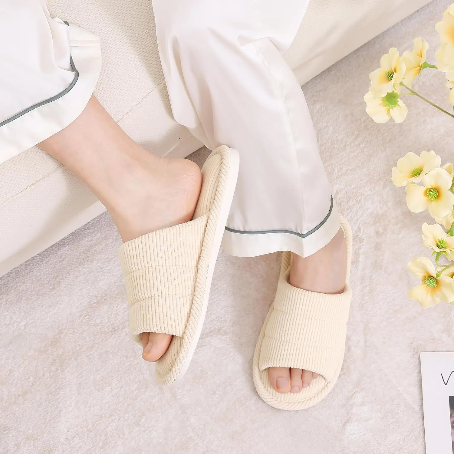 shevalues Terry Cloth Open Toe Slippers for Women Memory Foam Slip On House Slippers
