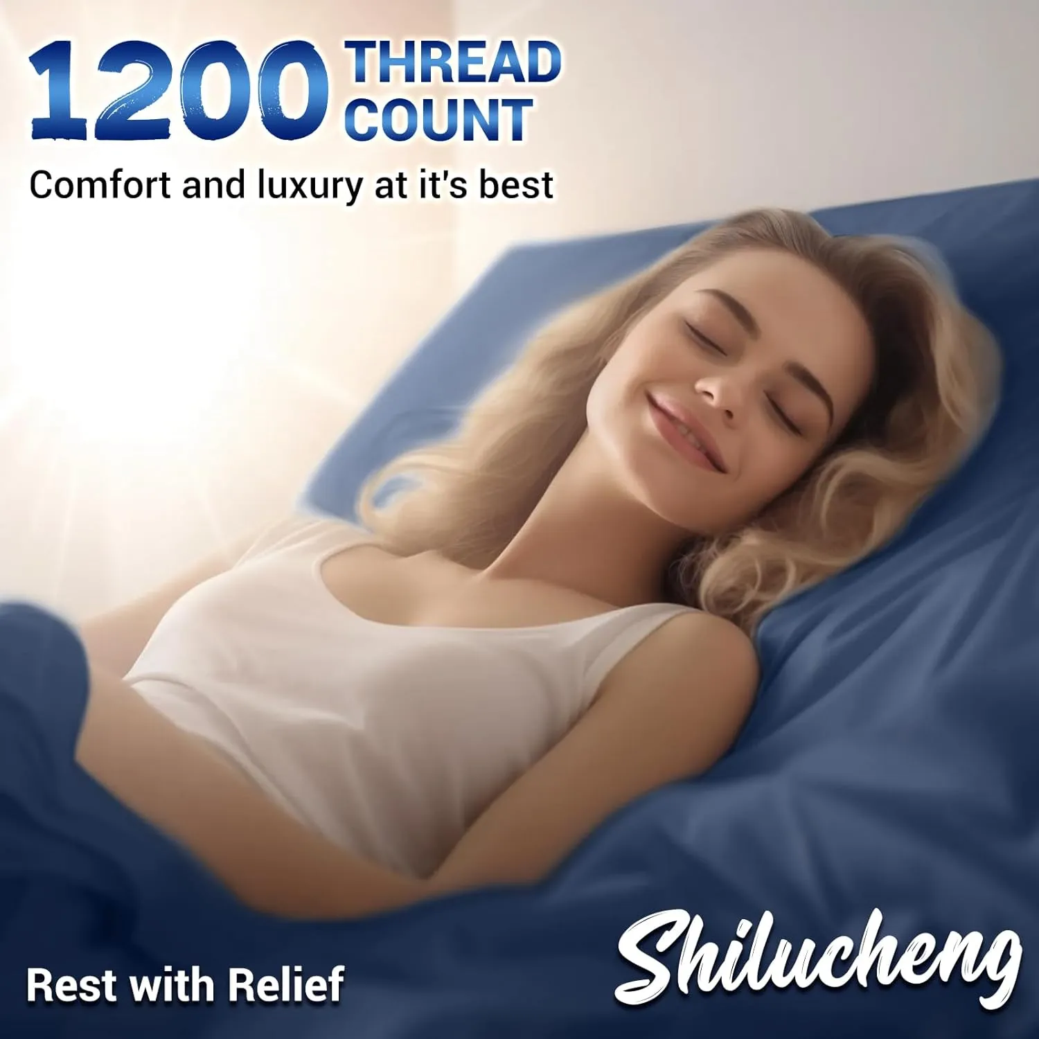 Shilucheng 1200 Thread Count Cotton Sheets Set，Luxury 100% Egyptian Cotton Bed Sheets，5-Star Hotel Quality Sheets, Breathable & Cooling, 16 Inch Deep Pocket - 4 Piece (Navy Blue, King)