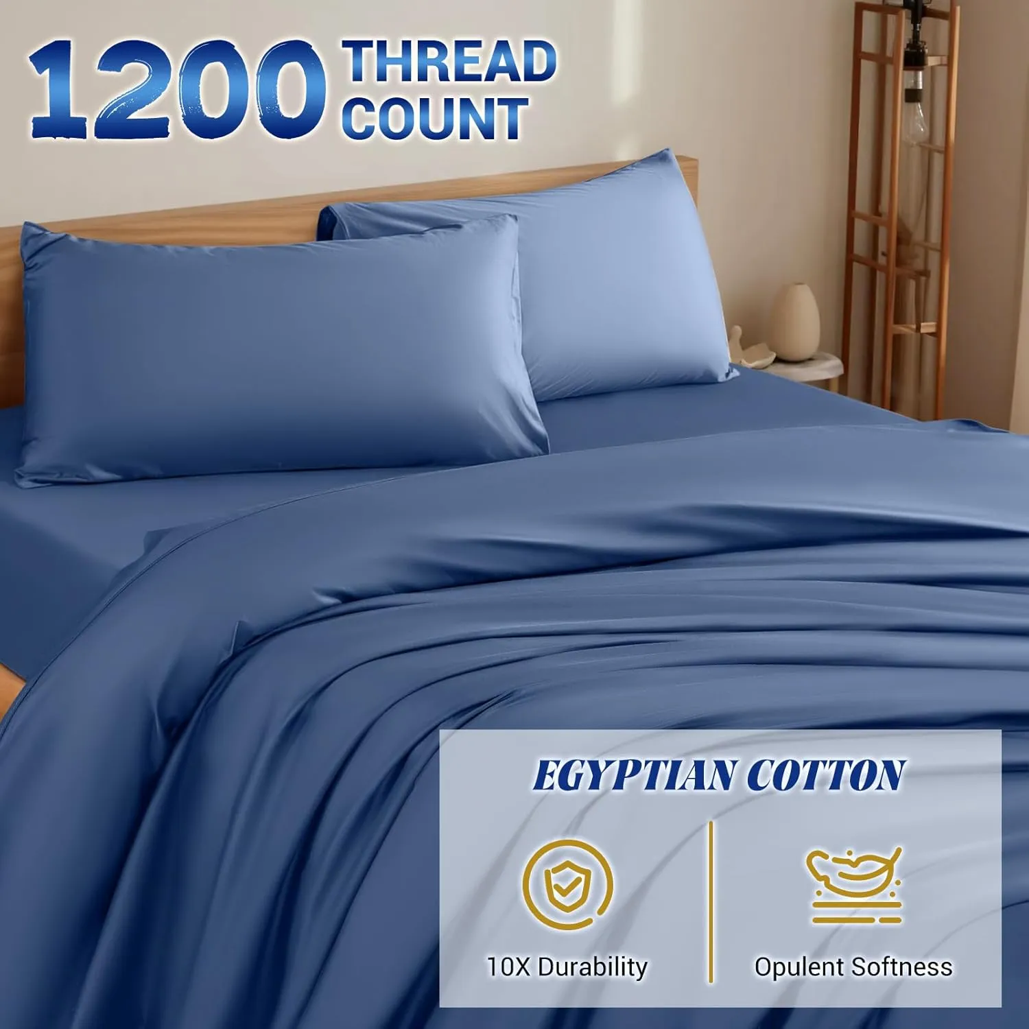Shilucheng 1200 Thread Count Cotton Sheets Set，Luxury 100% Egyptian Cotton Bed Sheets，5-Star Hotel Quality Sheets, Breathable & Cooling, 16 Inch Deep Pocket - 4 Piece (Navy Blue, King)