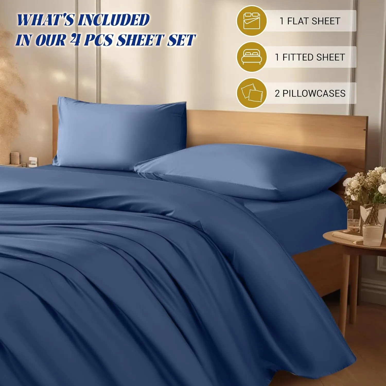 Shilucheng 1200 Thread Count Cotton Sheets Set，Luxury 100% Egyptian Cotton Bed Sheets，5-Star Hotel Quality Sheets, Breathable & Cooling, 16 Inch Deep Pocket - 4 Piece (Navy Blue, King)