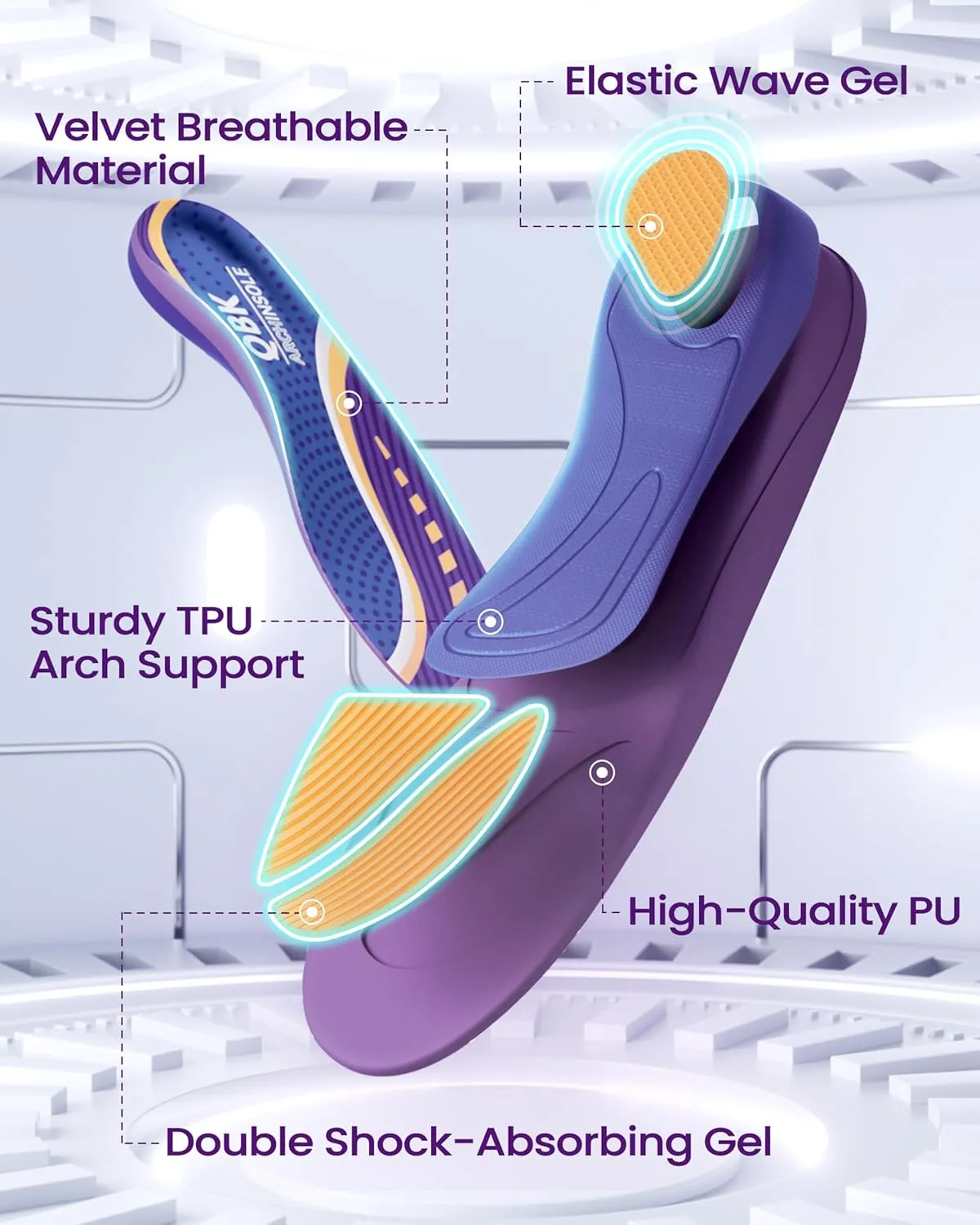 Shoe Cushions Inserts, QBK Flat Feet Insoles for Solving Heel Pain, Heel Spur, Back Pain, Achilles Tendonitis, Comfort S