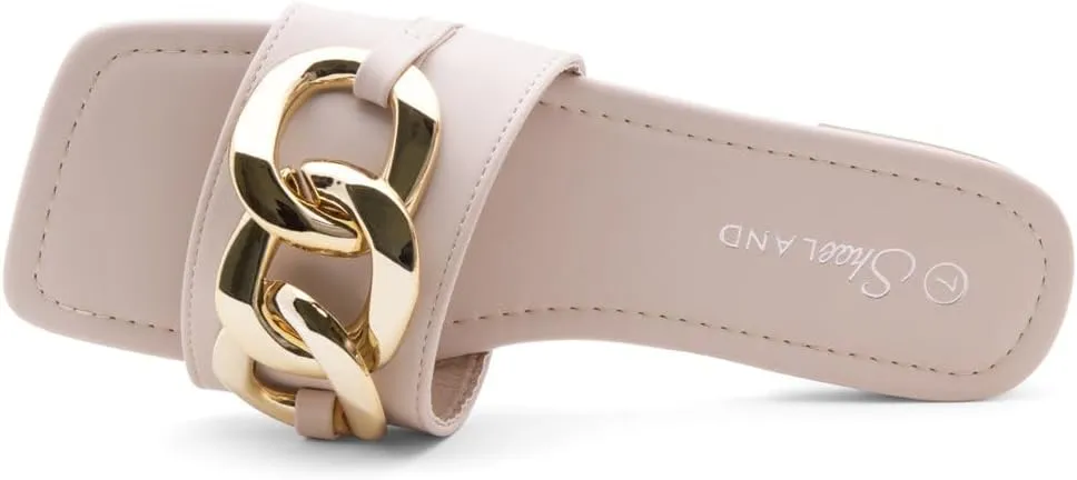 Shoe Land Women's Flat Sandals - Square Open Toe Single Band Fashion Slides with Metal Chain Dressy 2025 Trendy | Comfortable Slippers with Cushioned Footbed for Summer