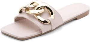 Shoe Land Women's Flat Sandals - Square Open Toe Single Band Fashion Slides with Metal Chain Dressy 2025 Trendy | Comfortable Slippers with Cushioned Footbed for Summer