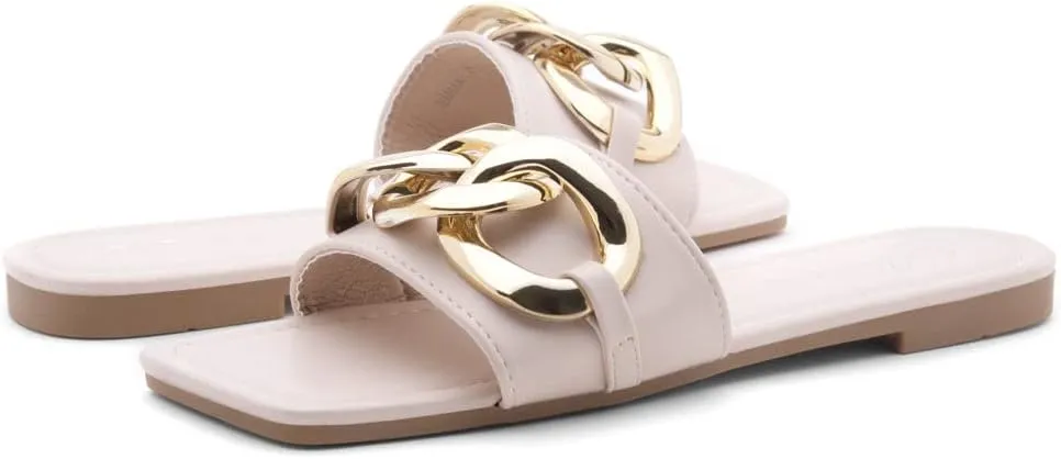 Shoe Land Women's Flat Sandals - Square Open Toe Single Band Fashion Slides with Metal Chain Dressy 2025 Trendy | Comfortable Slippers with Cushioned Footbed for Summer