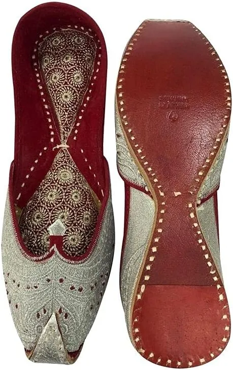 Silver Leather Jootis for Women Handmade Beaded Traditional Juti Ethnic Shoes Bohemian Sandles