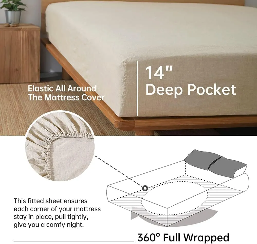 Simple&Opulence 100% Linen Sheet Set with Embroidery Washed - 4 Pieces (1 Flat Sheet & 1 Fitted Sheet & 2 Pillowcases) Natural Flax Soft Bedding Breathable Farmhouse - Linen, King Size