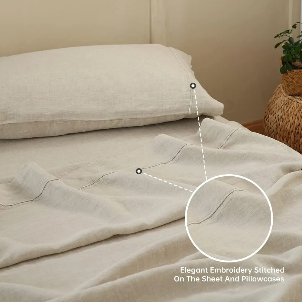Simple&Opulence 100% Linen Sheet Set with Embroidery Washed - 4 Pieces (1 Flat Sheet & 1 Fitted Sheet & 2 Pillowcases) Natural Flax Soft Bedding Breathable Farmhouse - Linen, King Size