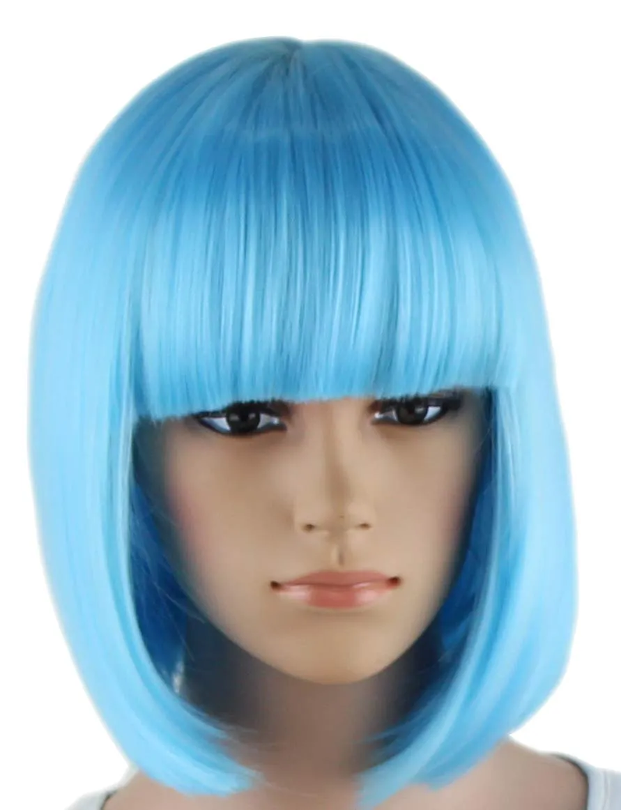 Sky Blue Bob Wigs and A Wig Cap, Short Straight Flat Bangs, Cool Summer Sexy Stylish Cosplay Party Hair Wigs, wig003SBL