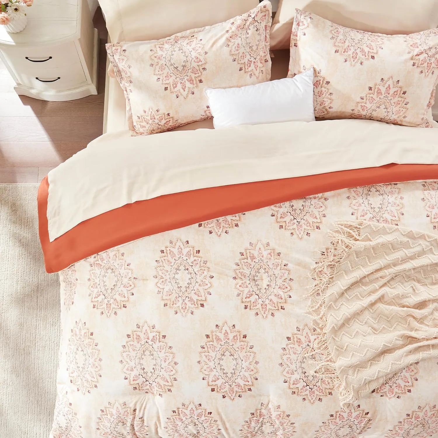 SLEEP ZONE Damask Pattern Beige Twin XL Size Comforter Set Bed in a Bag - Breathable, 5 Pieces with 1 Comforter(68x88), 1 Fitted Sheet, 1 Flat Sheet, 1 Pillow Sham, 1 Pillowcase