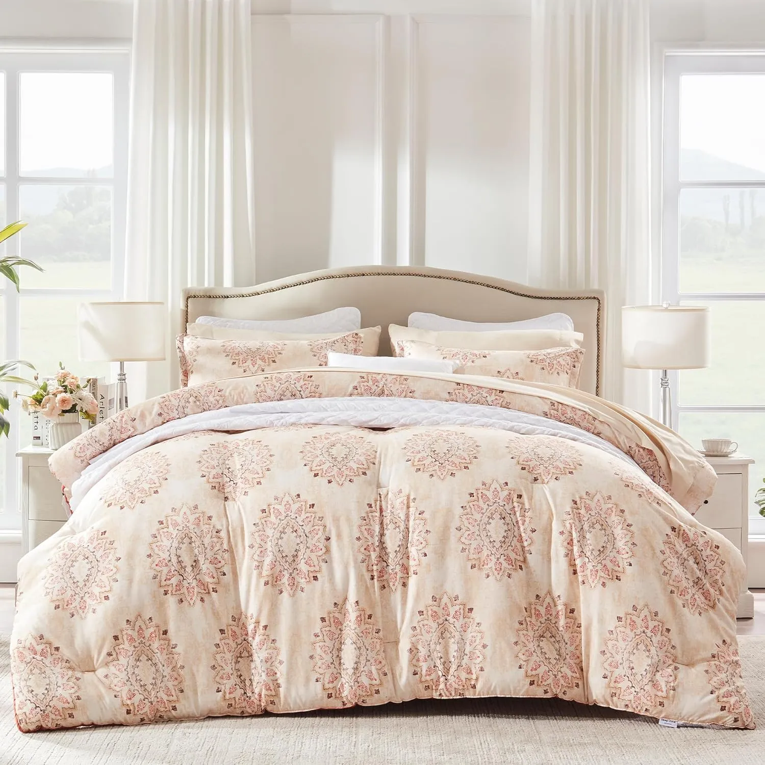 SLEEP ZONE Damask Pattern Beige Twin XL Size Comforter Set Bed in a Bag - Breathable, 5 Pieces with 1 Comforter(68x88), 1 Fitted Sheet, 1 Flat Sheet, 1 Pillow Sham, 1 Pillowcase