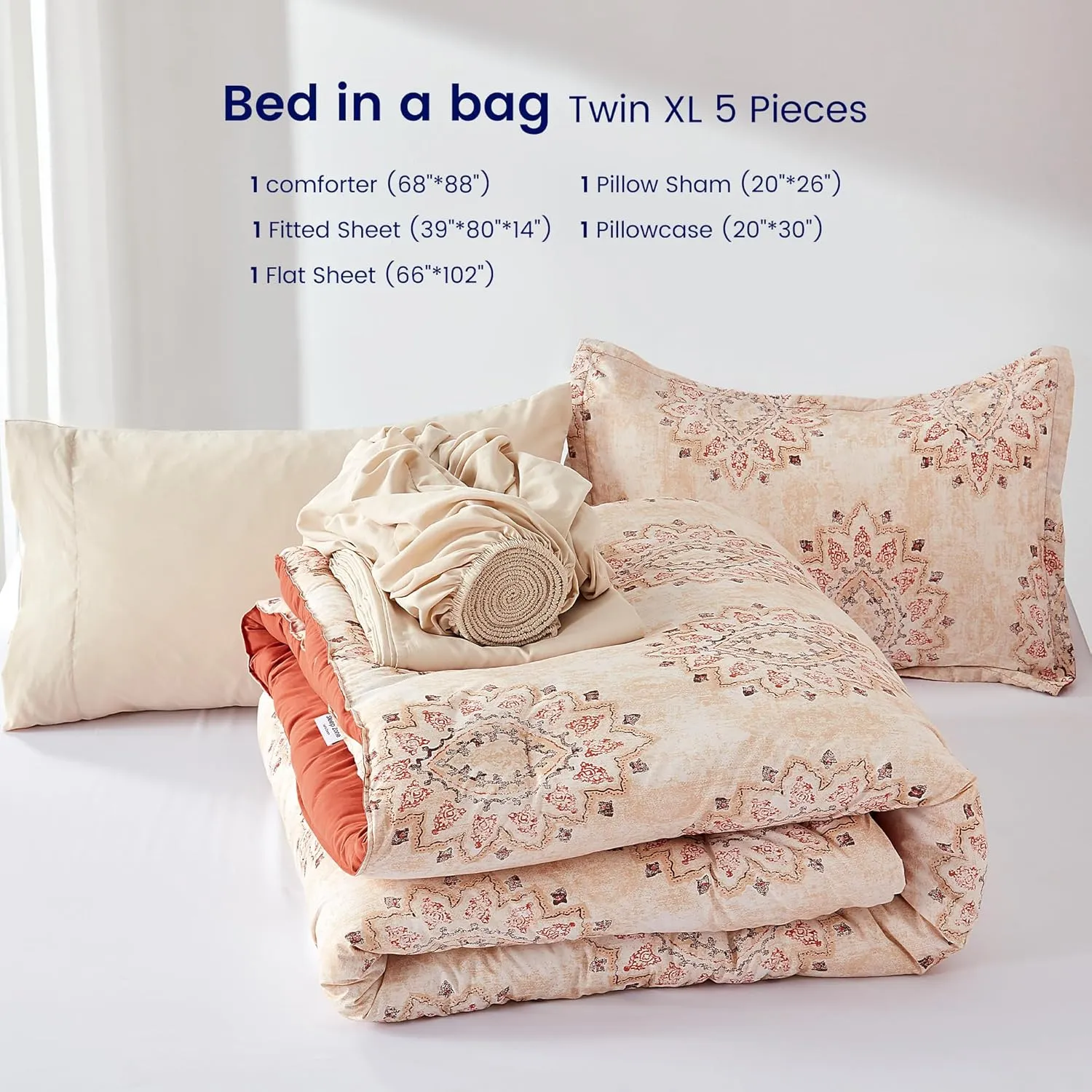 SLEEP ZONE Damask Pattern Beige Twin XL Size Comforter Set Bed in a Bag - Breathable, 5 Pieces with 1 Comforter(68x88), 1 Fitted Sheet, 1 Flat Sheet, 1 Pillow Sham, 1 Pillowcase