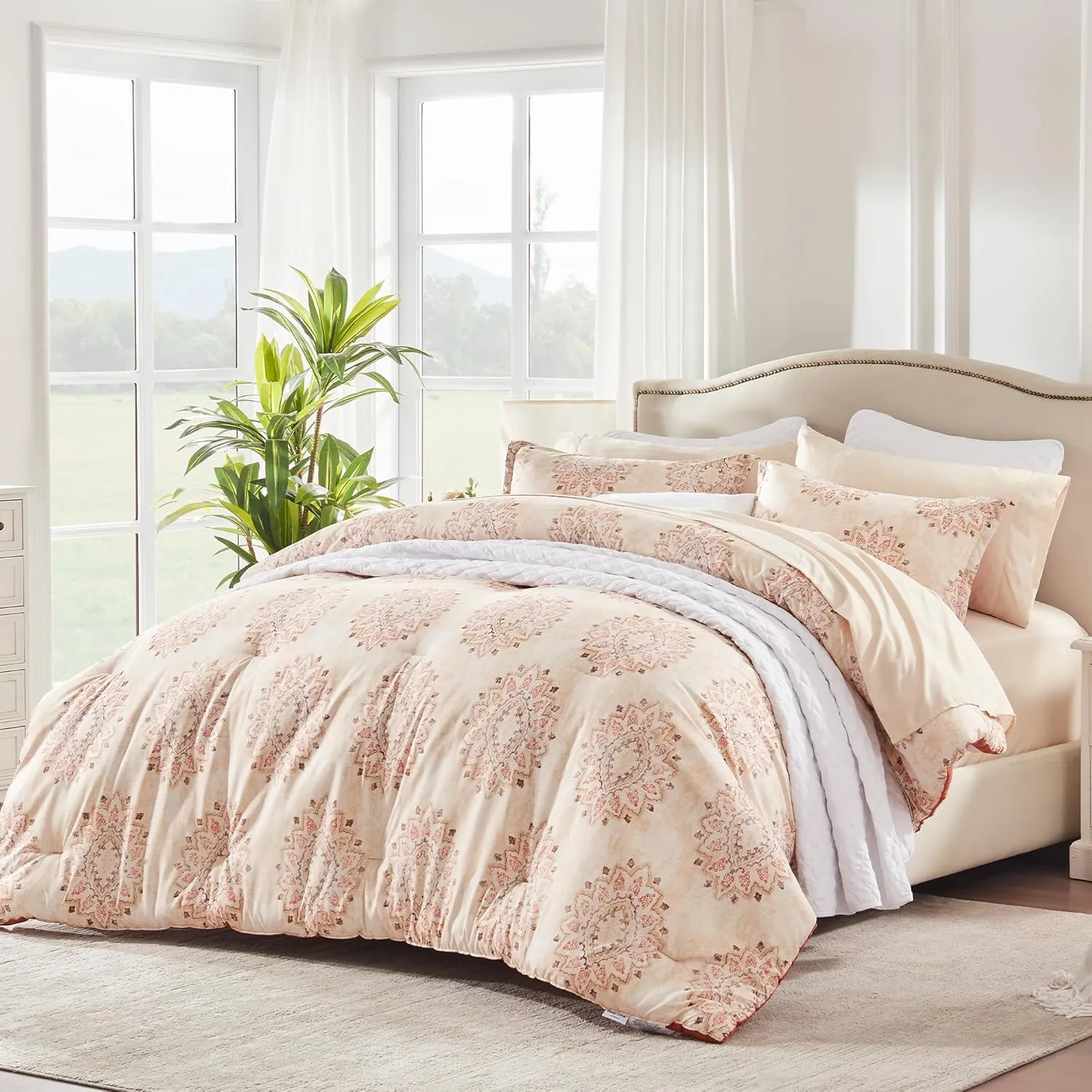 SLEEP ZONE Damask Pattern Beige Twin XL Size Comforter Set Bed in a Bag - Breathable, 5 Pieces with 1 Comforter(68x88), 1 Fitted Sheet, 1 Flat Sheet, 1 Pillow Sham, 1 Pillowcase