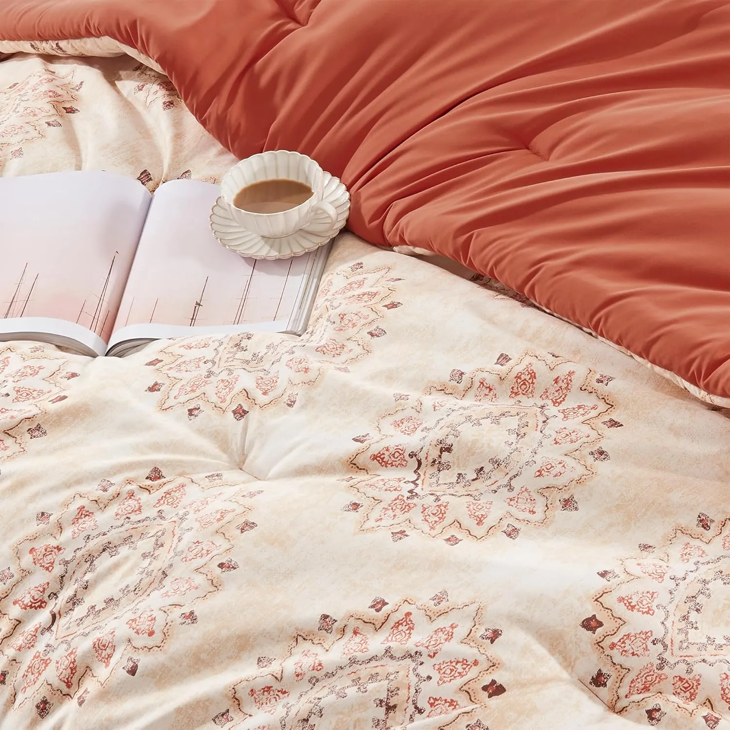 SLEEP ZONE Damask Pattern Beige Twin XL Size Comforter Set Bed in a Bag - Breathable, 5 Pieces with 1 Comforter(68x88), 1 Fitted Sheet, 1 Flat Sheet, 1 Pillow Sham, 1 Pillowcase