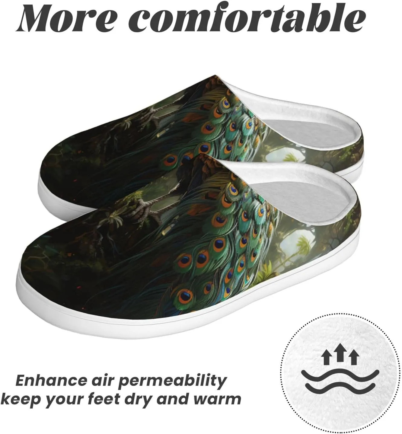 Slippers for Women Men Cotton Slippers Peacock on the Tree Plush Shoes Non-slip TPR Slippers