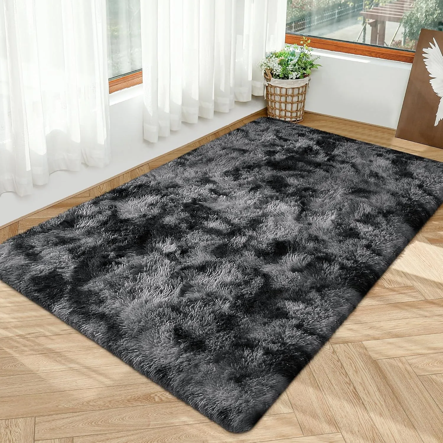 Soft Fluffy Area Rug for Bedroom,Tie Dye Black 4x6 ft Fuzzy Shaggy Carpet Plush Furry Rug,for Living Room Indoor Floor Rug Non-Slip Bottom Kids Girls Boys Home Decor Aesthetic,Dorm Nursery