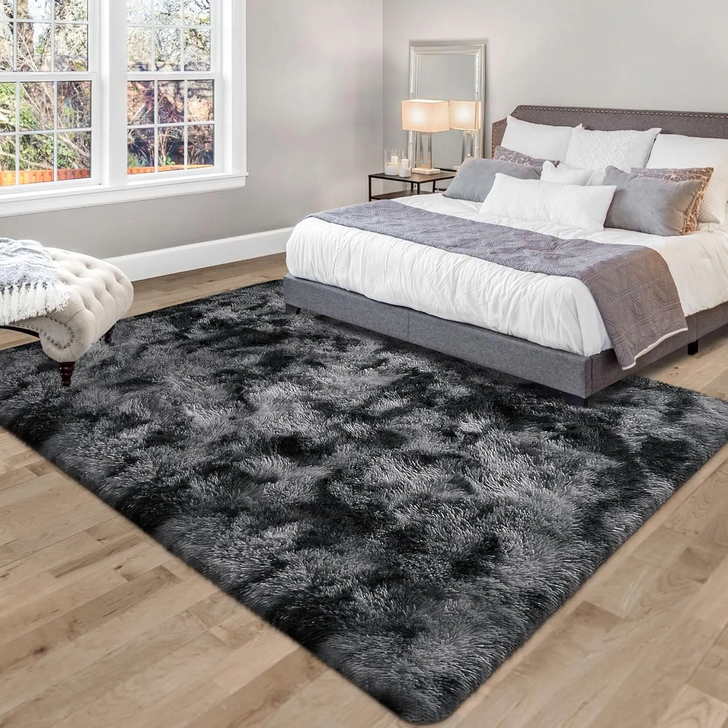 Soft Fluffy Area Rug for Bedroom,Tie Dye Black 4x6 ft Fuzzy Shaggy Carpet Plush Furry Rug,for Living Room Indoor Floor Rug Non-Slip Bottom Kids Girls Boys Home Decor Aesthetic,Dorm Nursery
