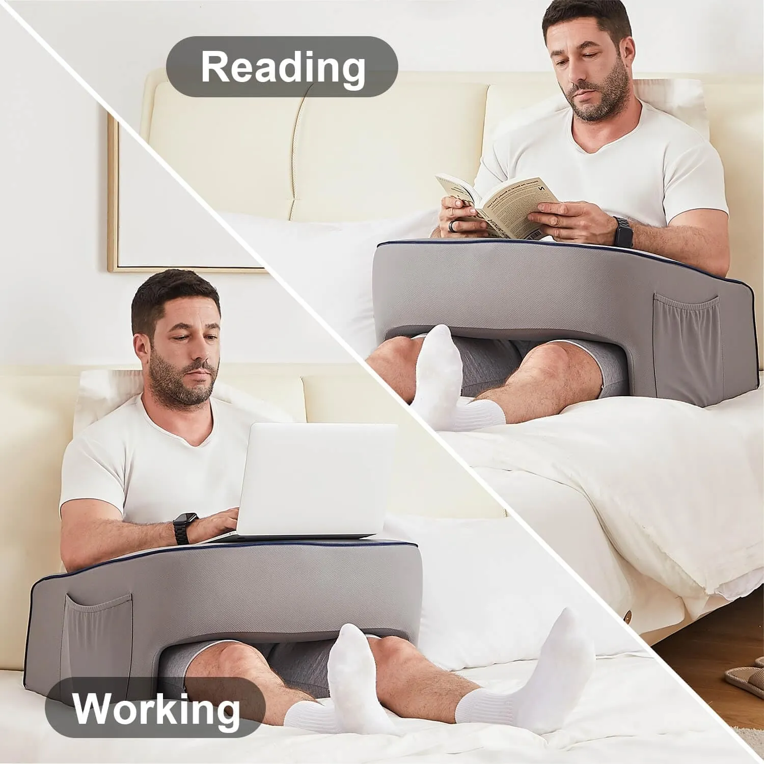Soft Lap Desk Pillow for Adult, Extra Large Reading Pillow with Pocket, Arm Rest Pillow, Memory Foam Bed Rest Pillow can Reading, Working in Bed Floor Sofa (Grey)
