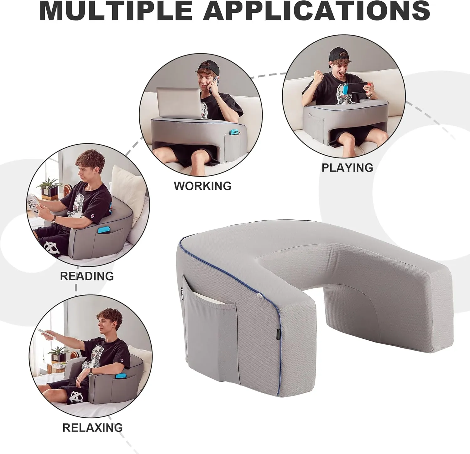 Soft Lap Desk Pillow for Adult, Extra Large Reading Pillow with Pocket, Arm Rest Pillow, Memory Foam Bed Rest Pillow can Reading, Working in Bed Floor Sofa (Grey)