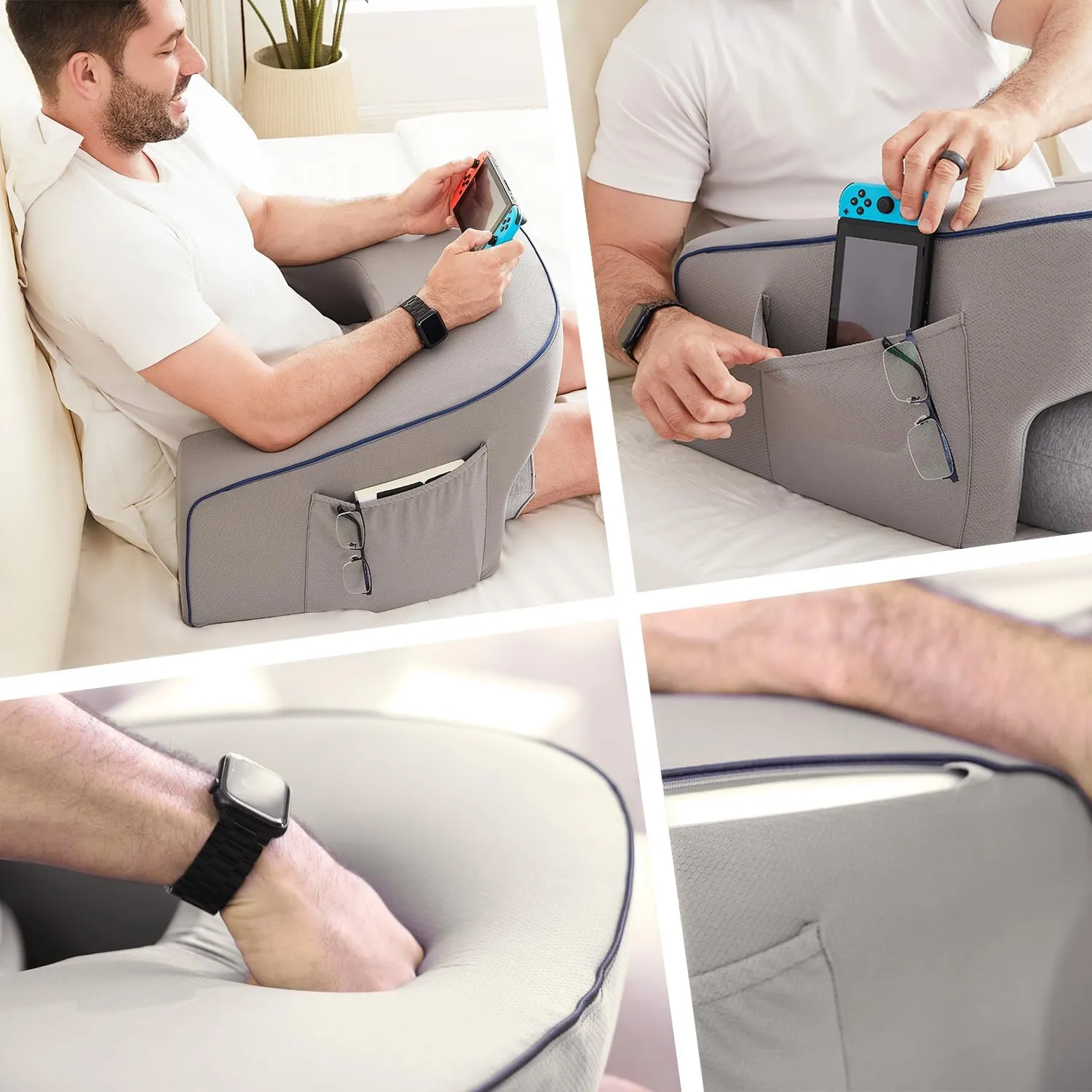 Soft Lap Desk Pillow for Adult, Extra Large Reading Pillow with Pocket, Arm Rest Pillow, Memory Foam Bed Rest Pillow can Reading, Working in Bed Floor Sofa (Grey)