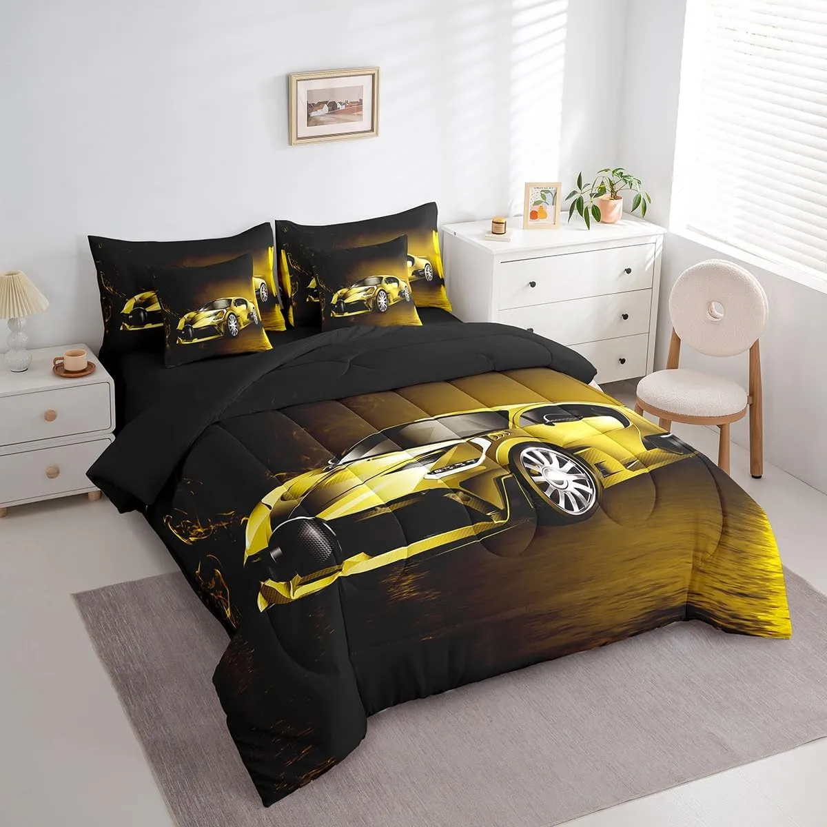 Sports Car 7 Piece Bedding Set Yellow Race Car Comforter Set with Sheets for Kids Boys Girls Extreme Sports Bed in a Bag Cool Speed Luxury Car Decor Quilt with 2 Pillowcases Full
