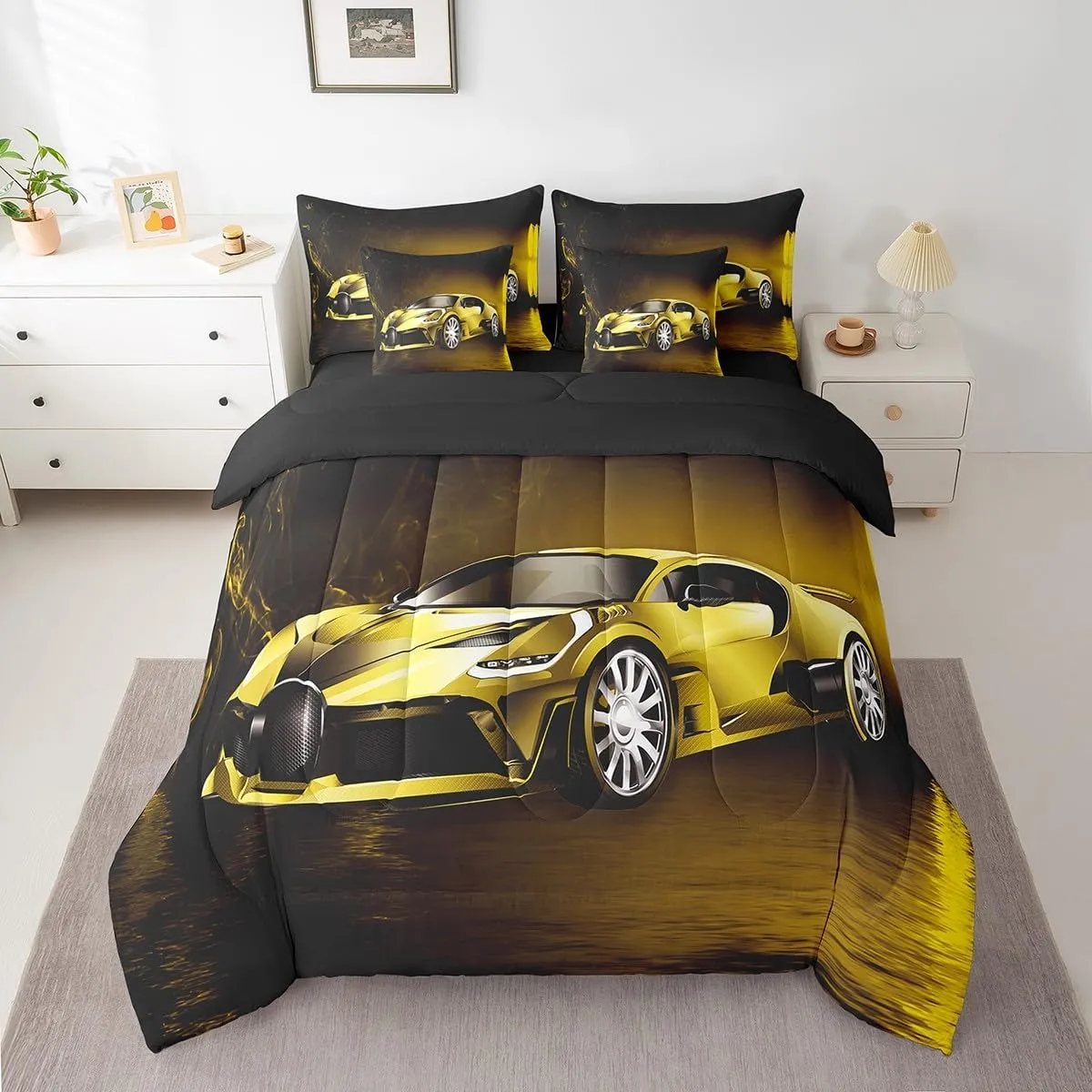 Sports Car 7 Piece Bedding Set Yellow Race Car Comforter Set with Sheets for Kids Boys Girls Extreme Sports Bed in a Bag Cool Speed Luxury Car Decor Quilt with 2 Pillowcases Full