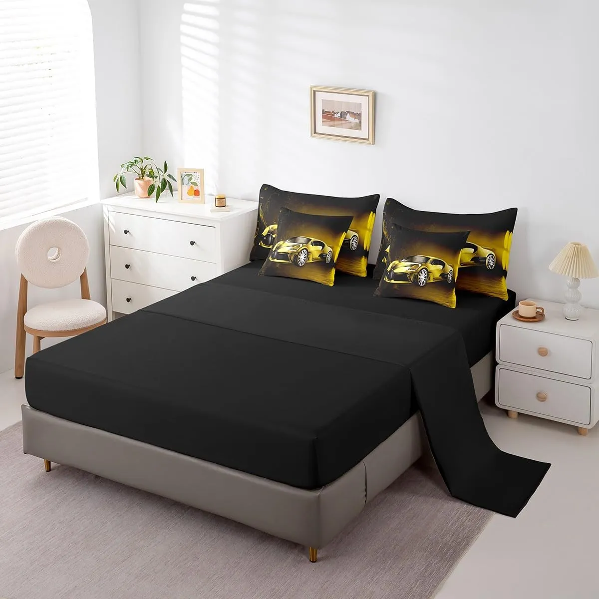 Sports Car 7 Piece Bedding Set Yellow Race Car Comforter Set with Sheets for Kids Boys Girls Extreme Sports Bed in a Bag Cool Speed Luxury Car Decor Quilt with 2 Pillowcases Full