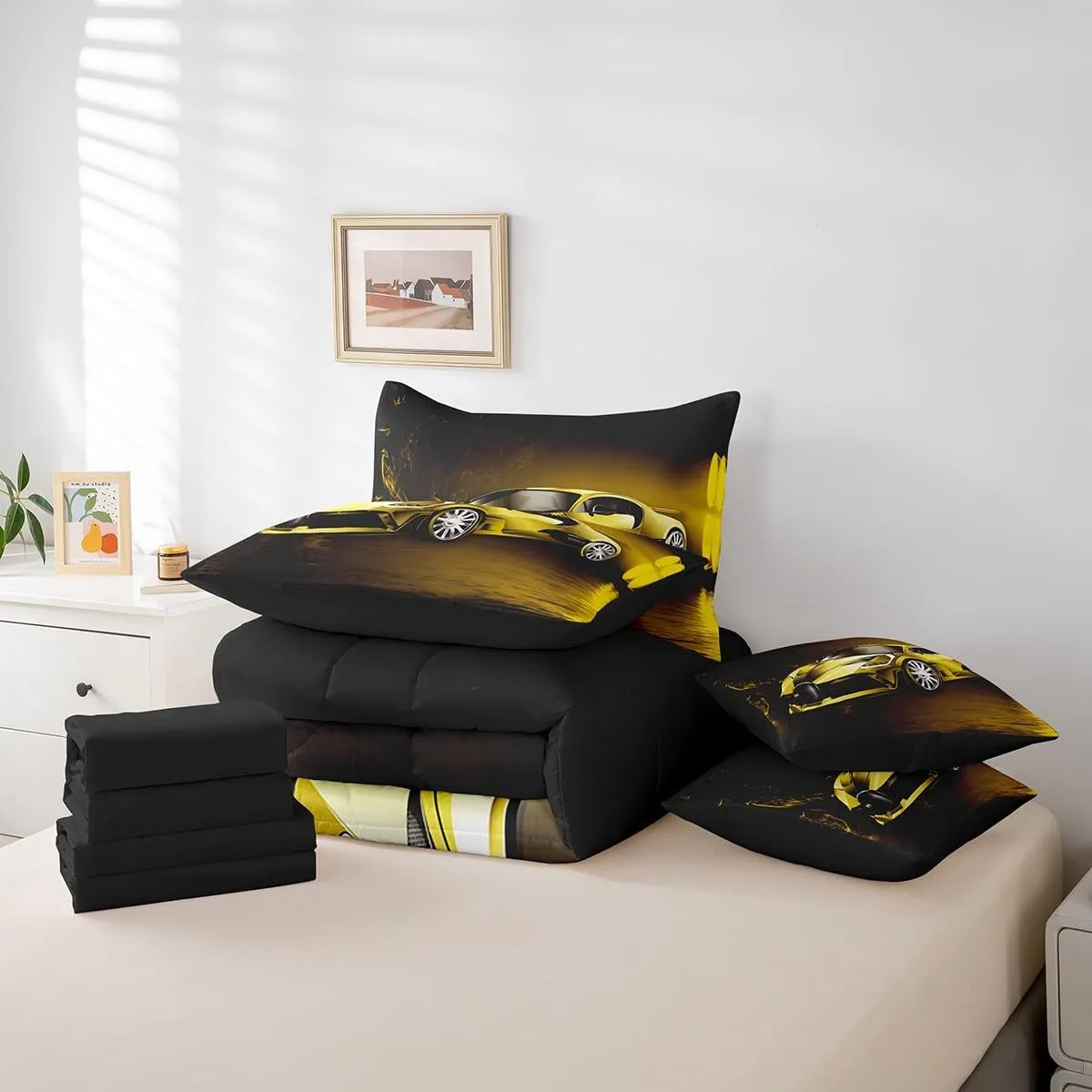 Sports Car 7 Piece Bedding Set Yellow Race Car Comforter Set with Sheets for Kids Boys Girls Extreme Sports Bed in a Bag Cool Speed Luxury Car Decor Quilt with 2 Pillowcases Full