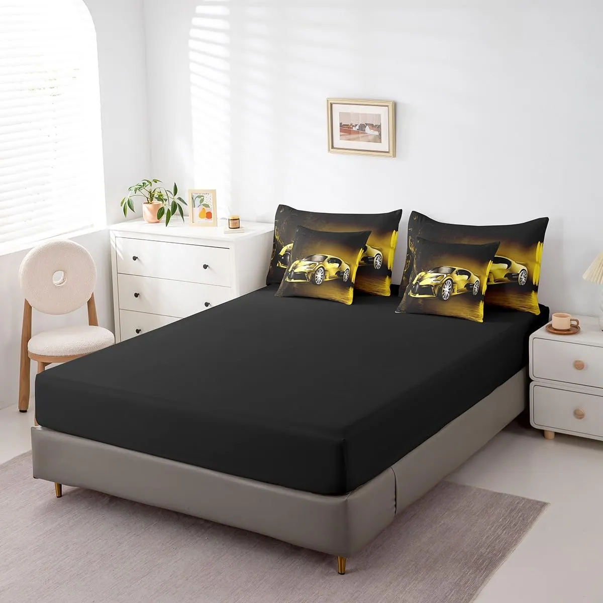 Sports Car 7 Piece Bedding Set Yellow Race Car Comforter Set with Sheets for Kids Boys Girls Extreme Sports Bed in a Bag Cool Speed Luxury Car Decor Quilt with 2 Pillowcases Full