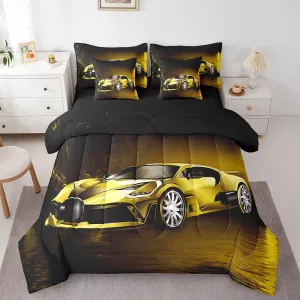 Sports Car 7 Piece Bedding Set Yellow Race Car Comforter Set with Sheets for Kids Boys Girls Extreme Sports Bed in a Bag Cool Speed Luxury Car Decor Quilt with 2 Pillowcases Full