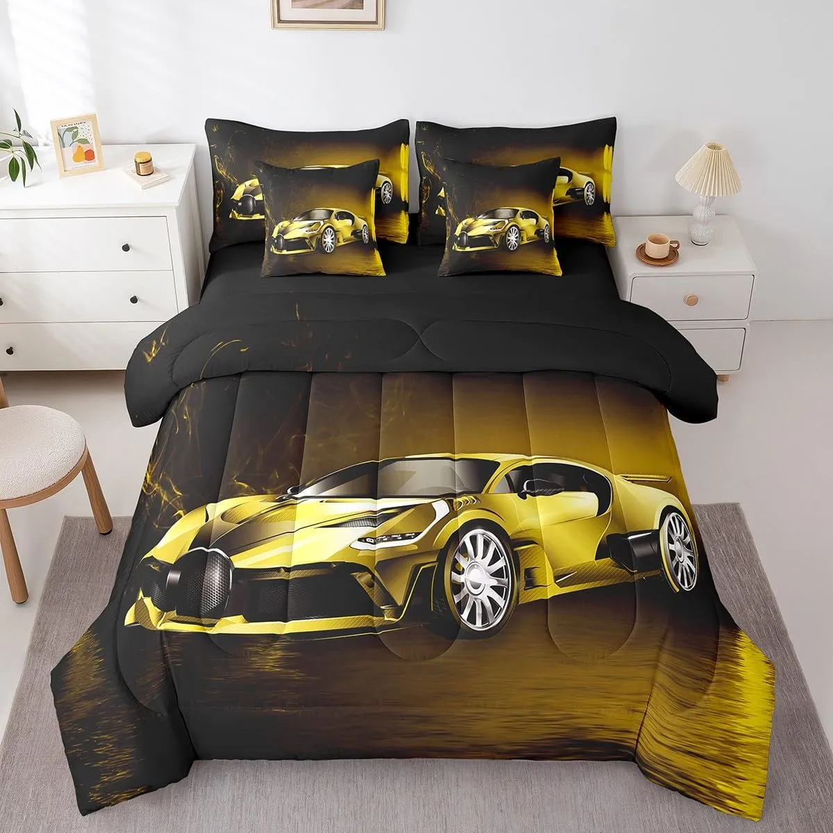 Sports Car 7 Piece Bedding Set Yellow Race Car Comforter Set with Sheets for Kids Boys Girls Extreme Sports Bed in a Bag Cool Speed Luxury Car Decor Quilt with 2 Pillowcases Full