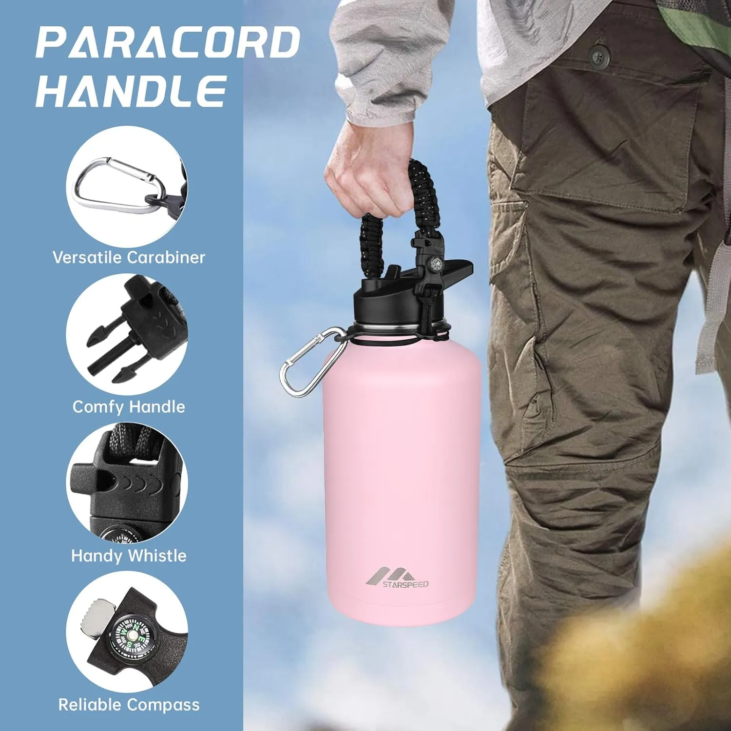StarSpeed 64oz Insulated Water Bottle with Straws & 2 Lids, Half Gallon Stainless Steel Double Walled Vacuum Water Jug, Large Wide Mouth with Paracord Handle for Gym Camping Hiking, Pink