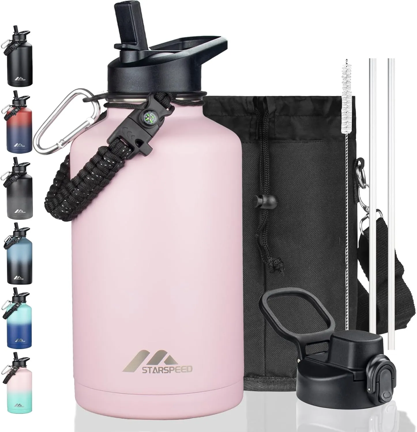 StarSpeed 64oz Insulated Water Bottle with Straws & 2 Lids, Half Gallon Stainless Steel Double Walled Vacuum Water Jug, Large Wide Mouth with Paracord Handle for Gym Camping Hiking, Pink