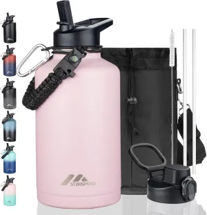 StarSpeed 64oz Insulated Water Bottle with Straws & 2 Lids, Half Gallon Stainless Steel Double Walled Vacuum Water Jug, Large Wide Mouth with Paracord Handle for Gym Camping Hiking, Pink