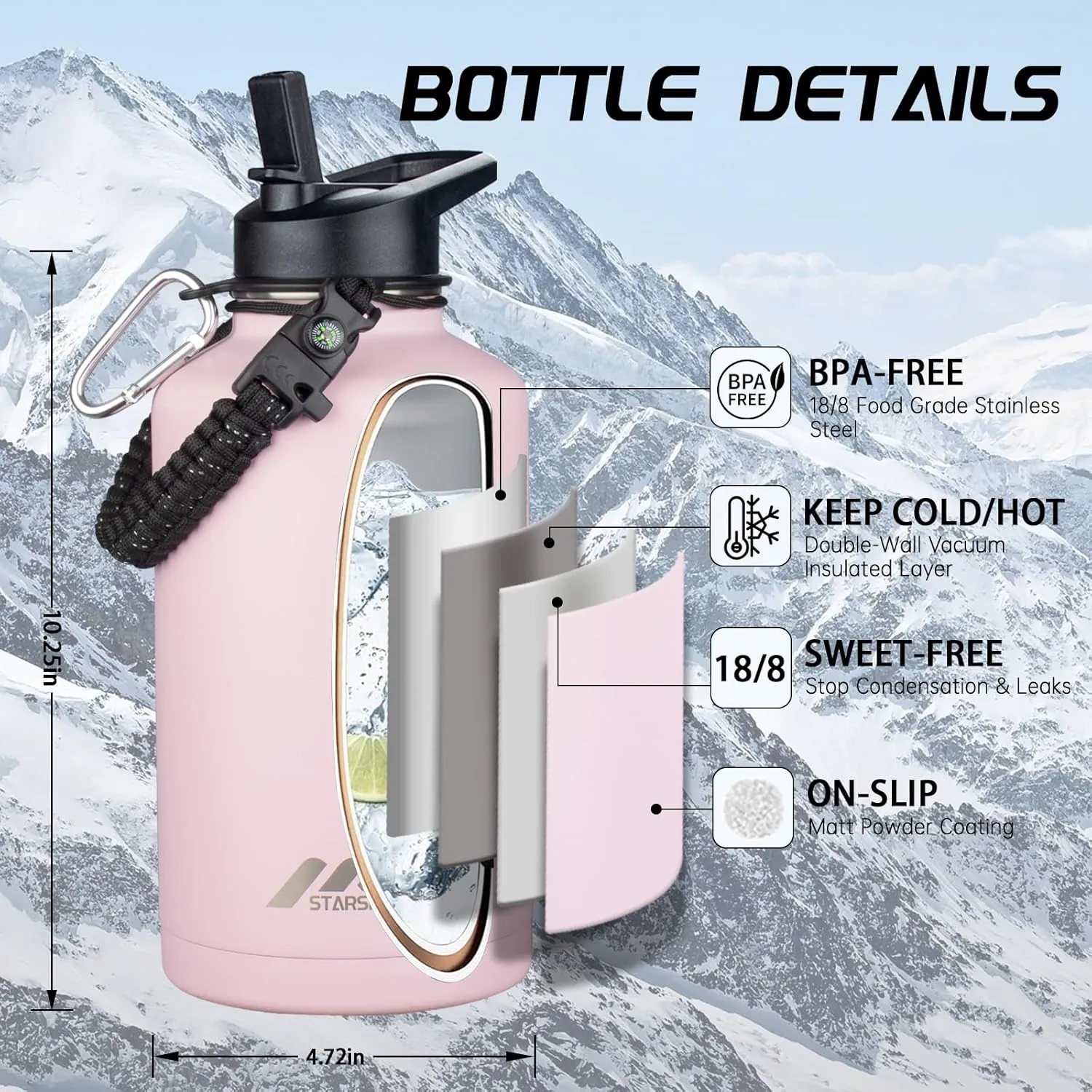 StarSpeed 64oz Insulated Water Bottle with Straws & 2 Lids, Half Gallon Stainless Steel Double Walled Vacuum Water Jug, Large Wide Mouth with Paracord Handle for Gym Camping Hiking, Pink