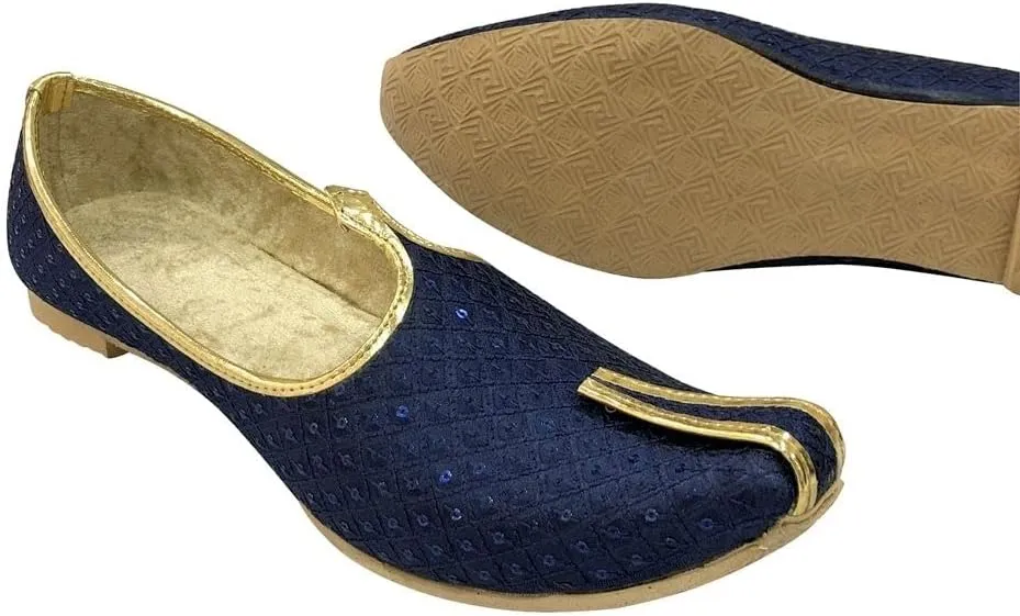 Stop n Style Men's Punjabi Jutti Blue Bridal Traditional Wedding Shoes Flat Mojari Khussa Handmade Ethnic Indian Juti