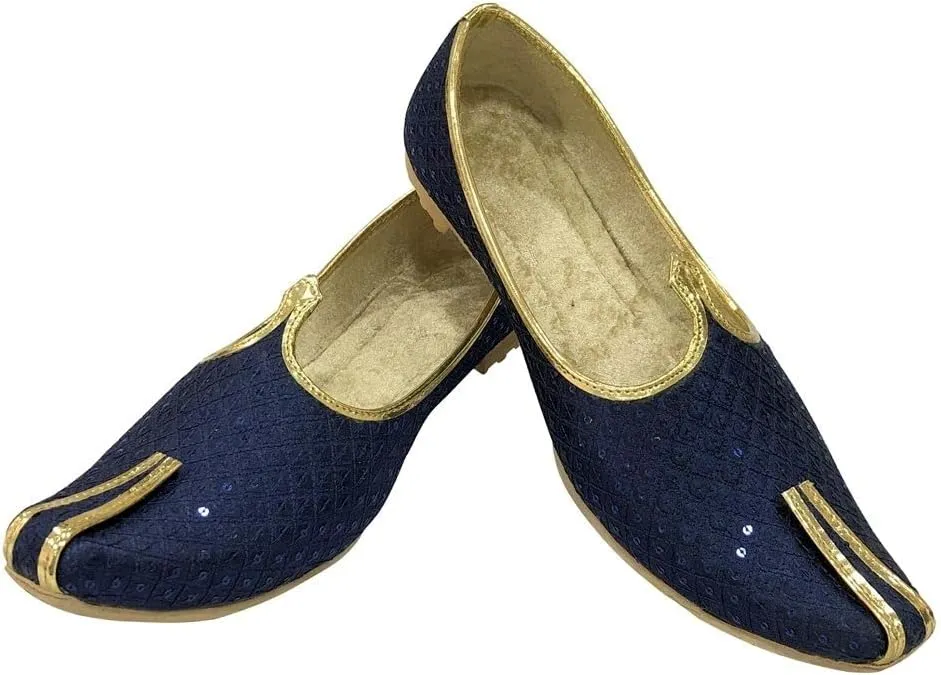 Stop n Style Men's Punjabi Jutti Blue Bridal Traditional Wedding Shoes Flat Mojari Khussa Handmade Ethnic Indian Juti