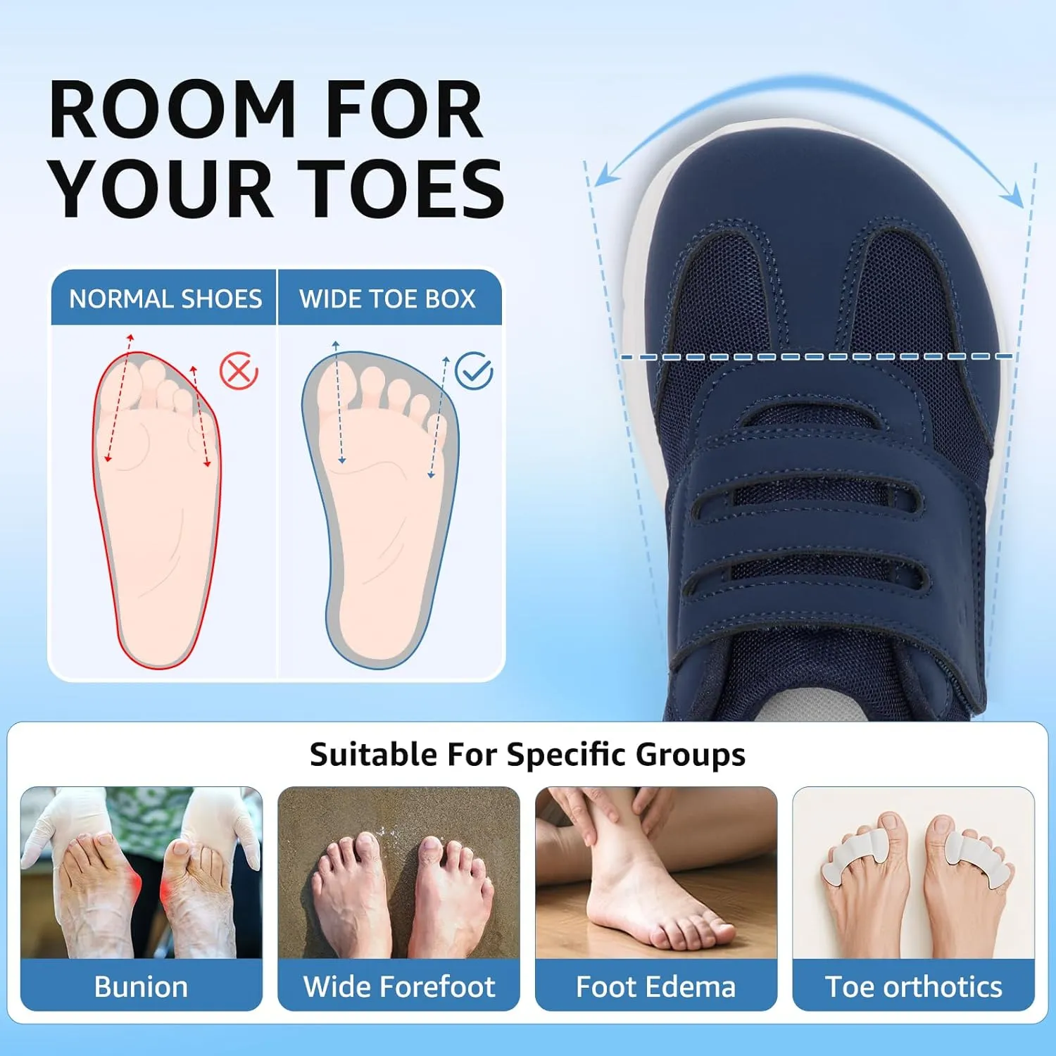 STQ Wide Toe Box Shoes Wome, Hook and Loop Orthopedic Walking Shoe for Seniors, Bunions, Plantar Fasciitis, Hammertoes, Swollen Feet