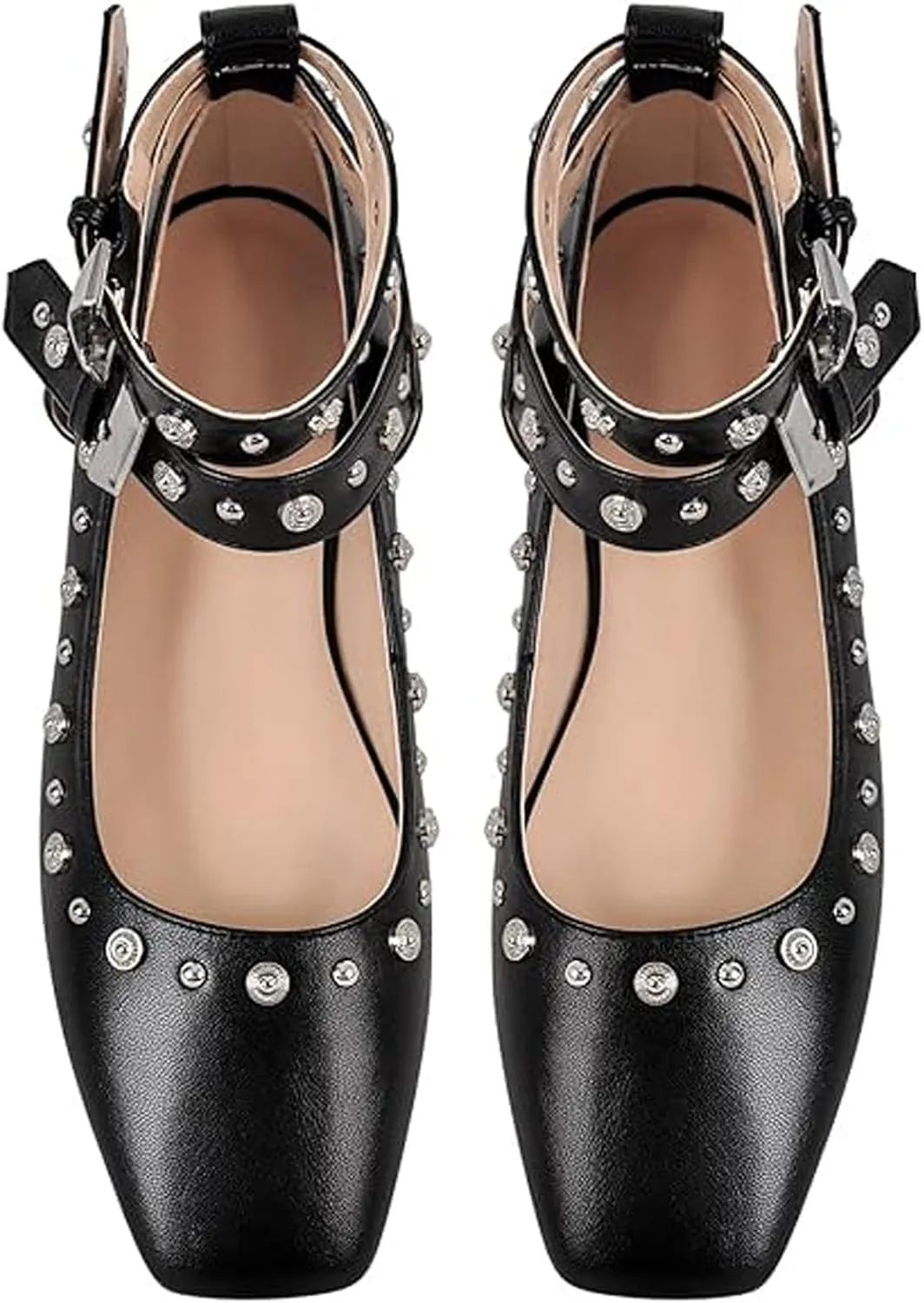 Studded Mary Jane Flats Womens, Metallic Square Toe Studded Flats for Women, Double Ankle Strap Flats, Buckle Ballet Flats Chunky Low Heel Ballerina Shoes
