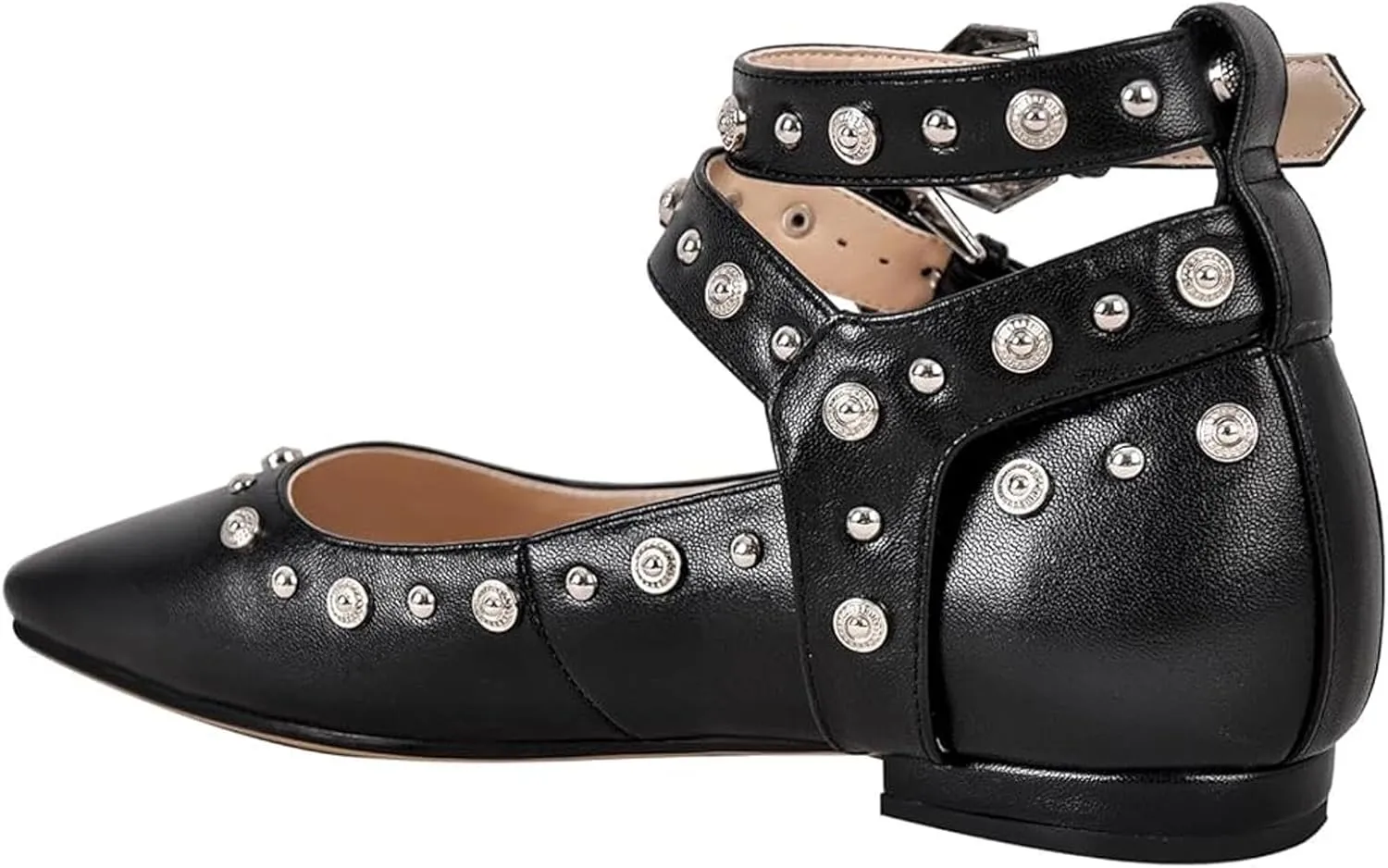 Studded Mary Jane Flats Womens, Metallic Square Toe Studded Flats for Women, Double Ankle Strap Flats, Buckle Ballet Flats Chunky Low Heel Ballerina Shoes