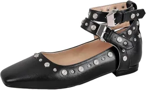 Studded Mary Jane Flats Womens, Metallic Square Toe Studded Flats for Women, Double Ankle Strap Flats, Buckle Ballet Flats Chunky Low Heel Ballerina Shoes