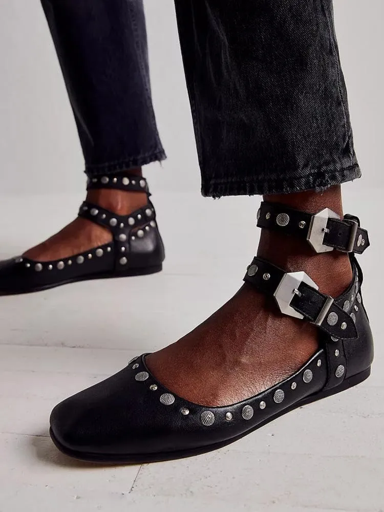 Studded Mary Jane Flats Womens, Metallic Square Toe Studded Flats for Women, Double Ankle Strap Flats, Buckle Ballet Flats Chunky Low Heel Ballerina Shoes