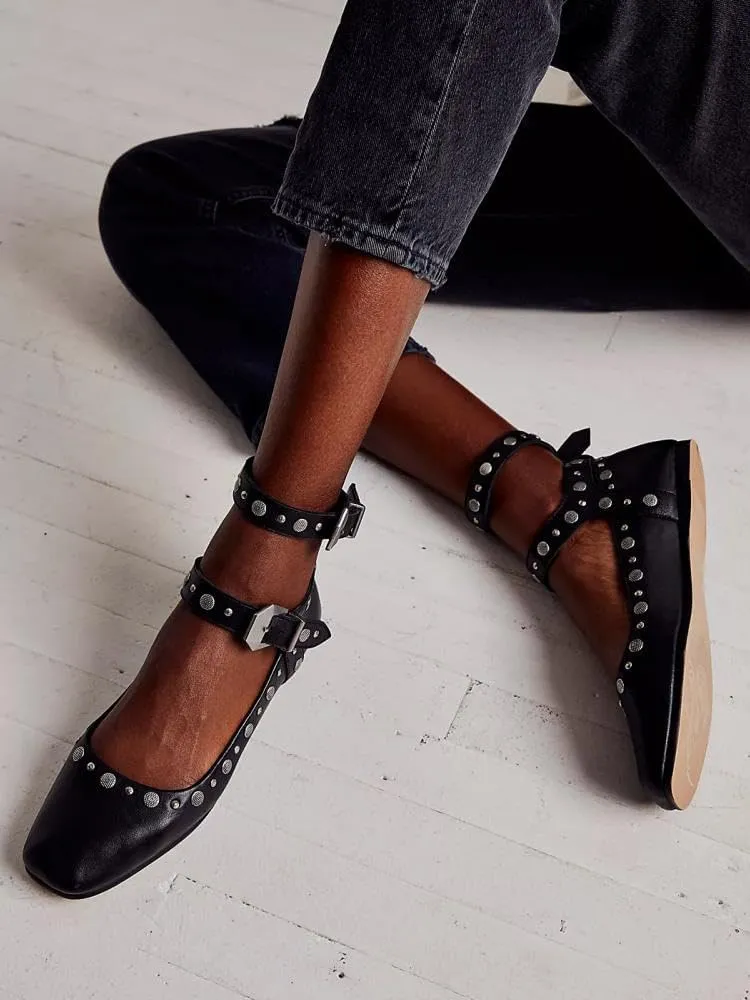 Studded Mary Jane Flats Womens, Metallic Square Toe Studded Flats for Women, Double Ankle Strap Flats, Buckle Ballet Flats Chunky Low Heel Ballerina Shoes