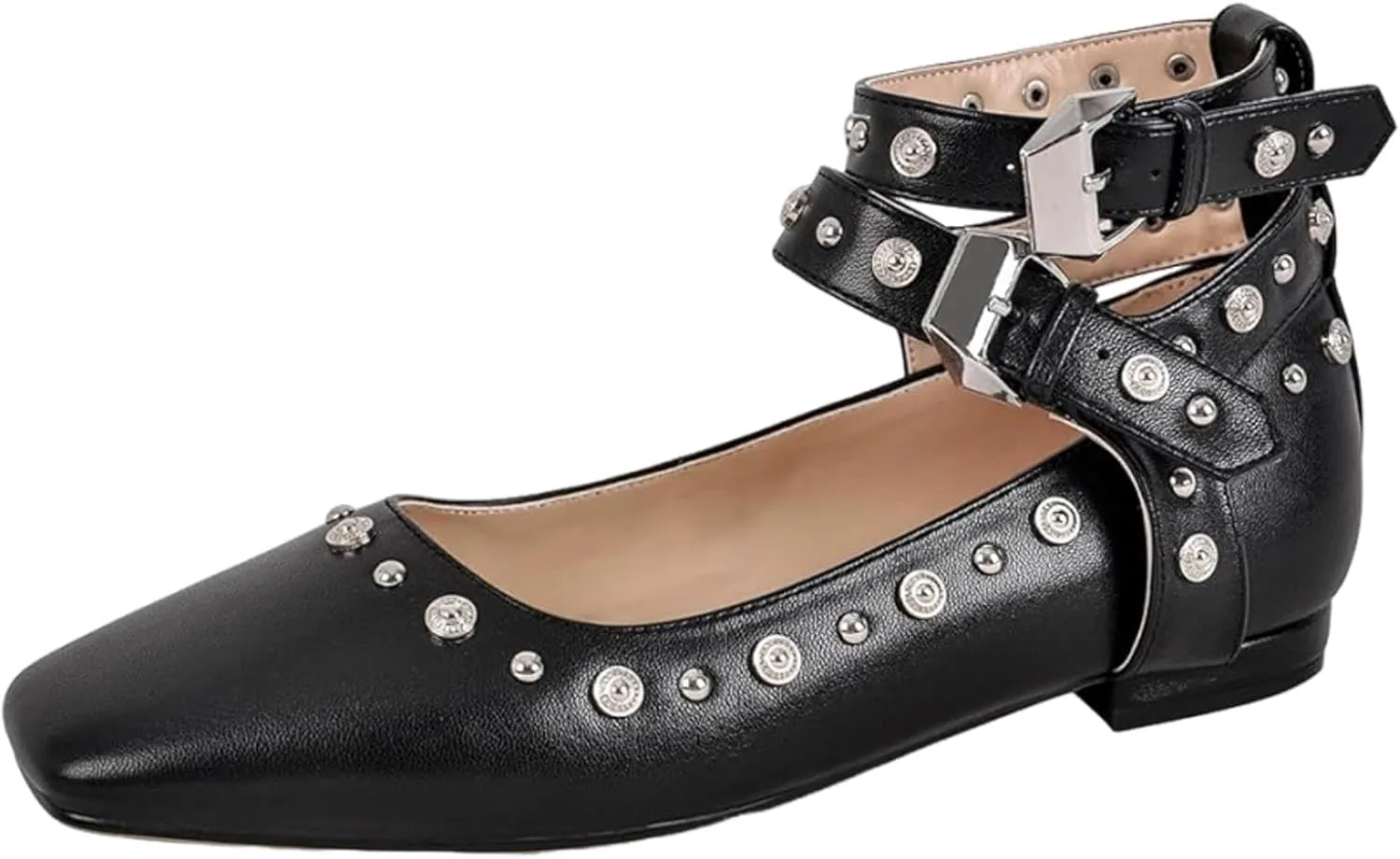 Studded Mary Jane Flats Womens, Metallic Square Toe Studded Flats for Women, Double Ankle Strap Flats, Buckle Ballet Flats Chunky Low Heel Ballerina Shoes