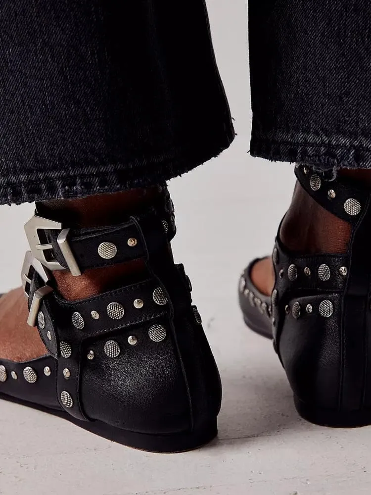 Studded Mary Jane Flats Womens, Metallic Square Toe Studded Flats for Women, Double Ankle Strap Flats, Buckle Ballet Flats Chunky Low Heel Ballerina Shoes
