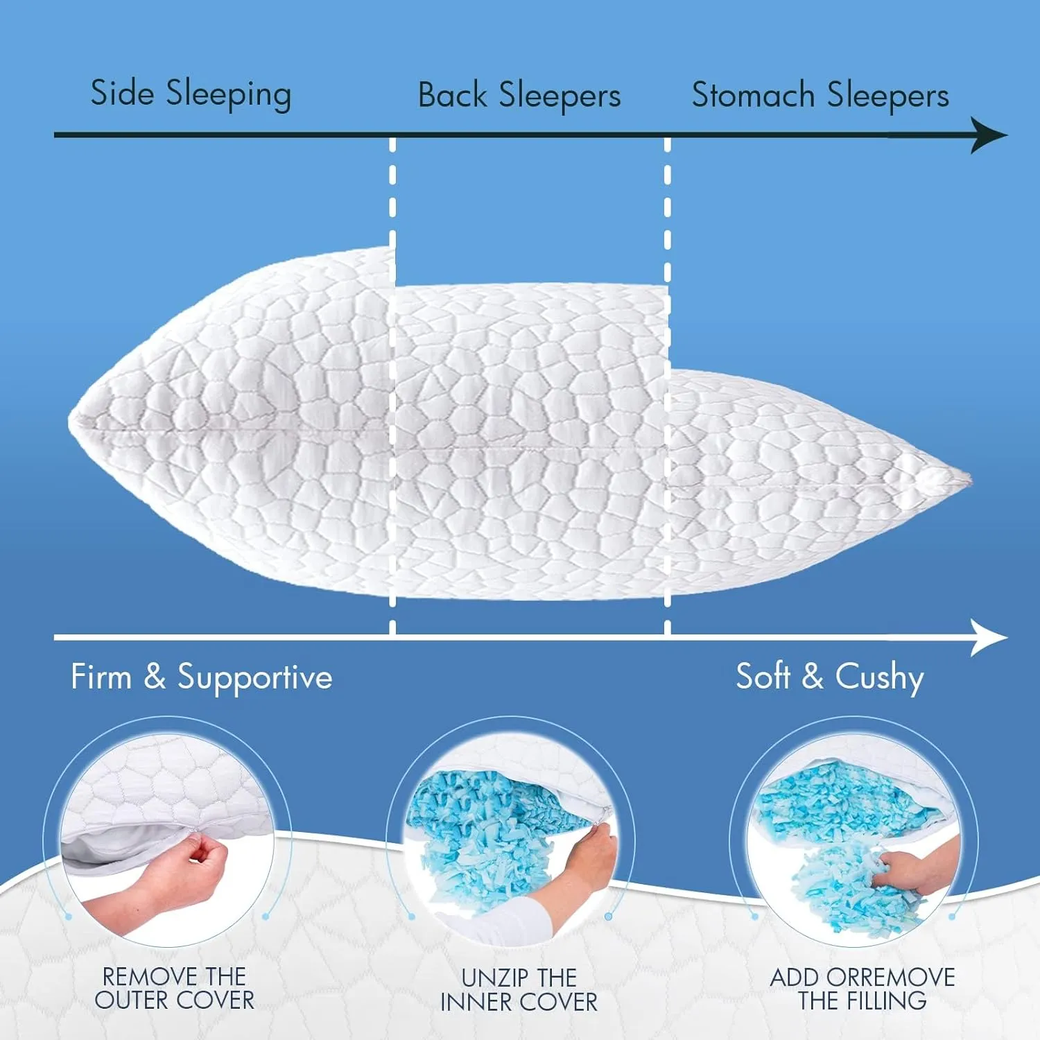 SUPA MODERN Cooling Pillows for Side Sleepers, Cool Side Sleeper Pillow for Neck Pain Relief, Luxury Shredded Memory Foam Pillows 2 Pack, Adjustable Gel Cervical Neck Pillow Queen Size Set of 2