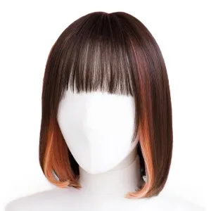 Synthetic Hair Inner Color Casual Bob Wig - Glueless, Heat-Resistant, Natural Crown & Comfortable Stretch Cap (Dark Brown & Coral Veil, M)