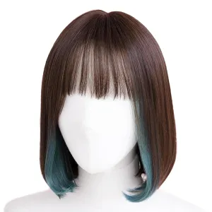 Synthetic Hair Inner Color Casual Bob Wig - Glueless, Heat-Resistant, Natural Crown & Comfortable Stretch Cap (Dark Brown & Moss Green, M)