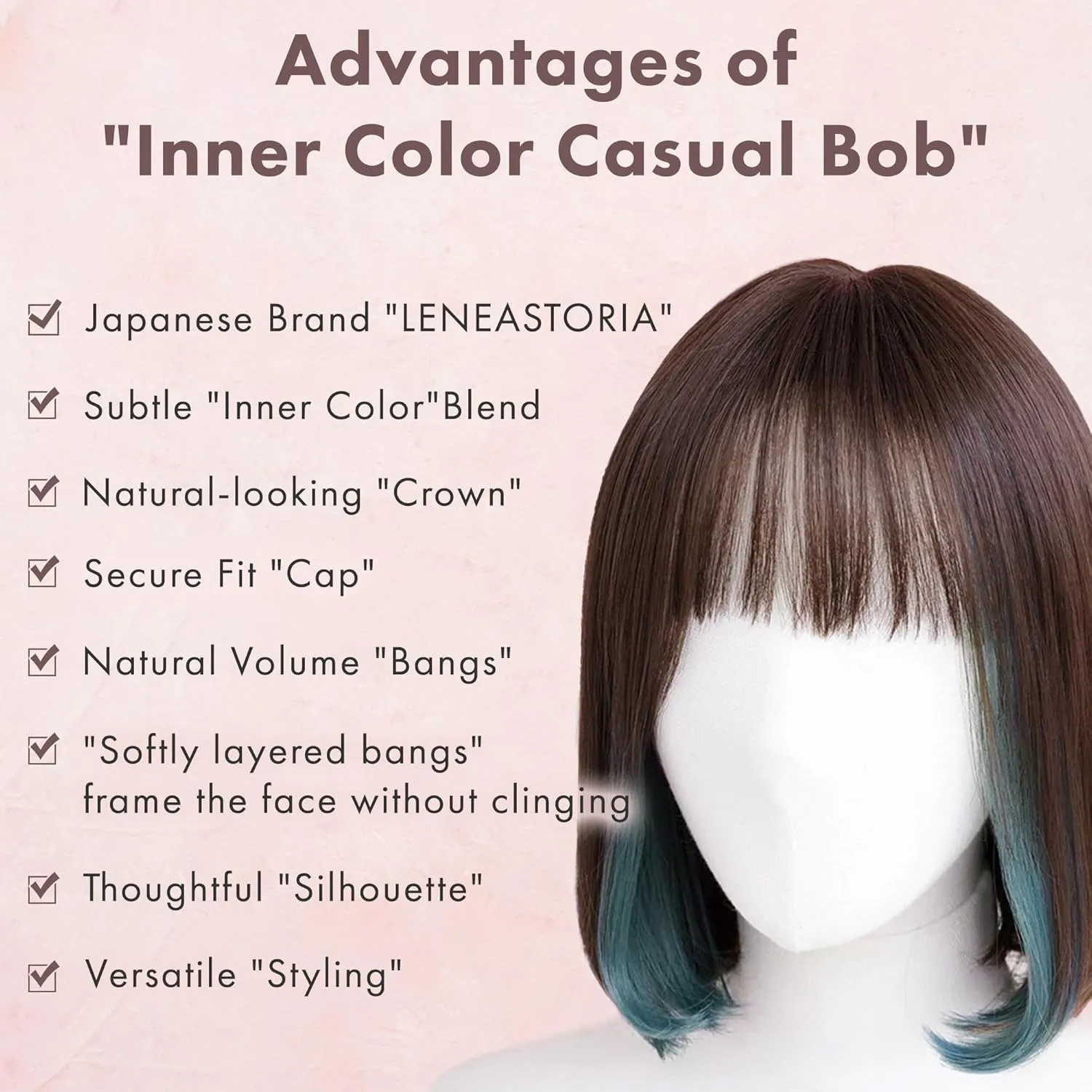 Synthetic Hair Inner Color Casual Bob Wig - Glueless, Heat-Resistant, Natural Crown & Comfortable Stretch Cap (Dark Brown & Moss Green, M)